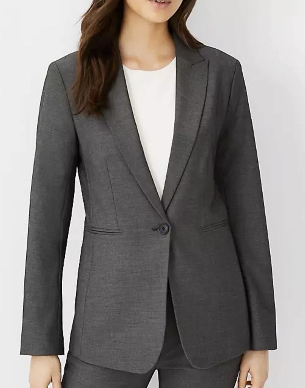 ANN TAYLOR Blazer Women’s 10 Dark Gray The Long One Button Stretch Jacket $198